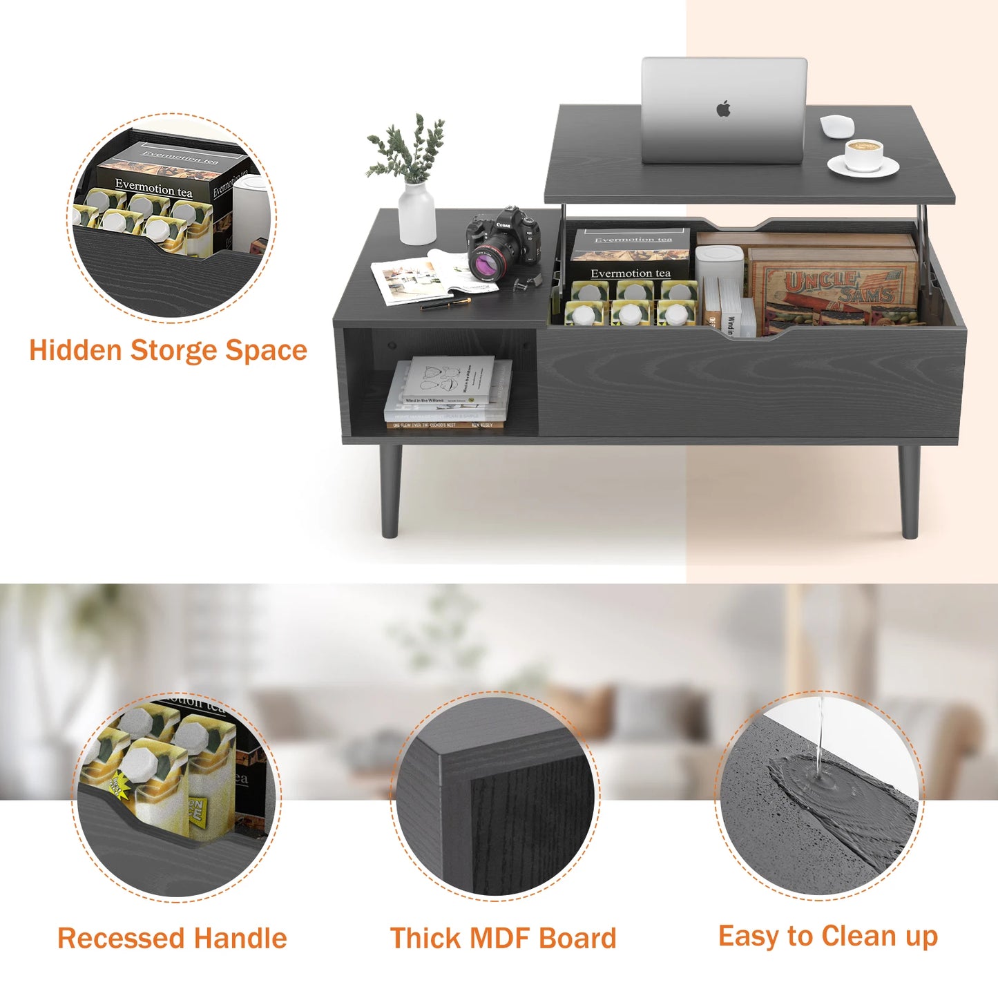 JHK Lift Top Coffee Tables Wood Adjustable Storage
