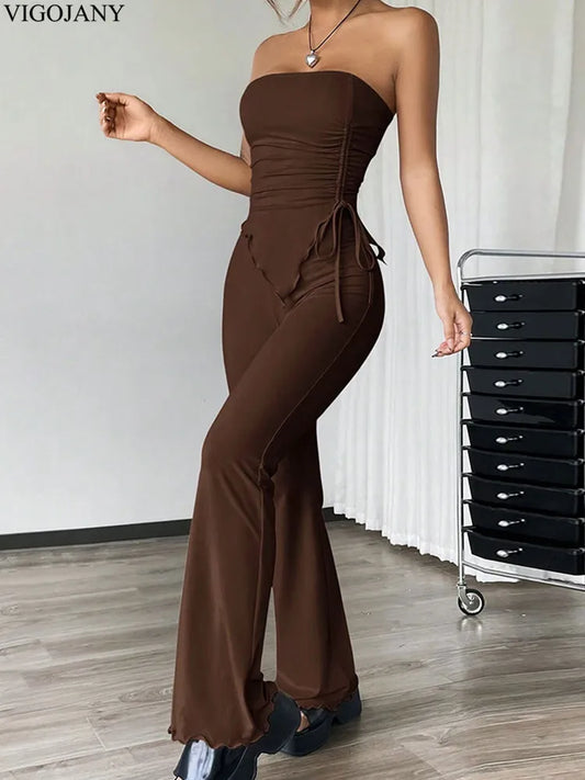 2 Pcs Brown Sexy Bandeau Top High Waist Pants