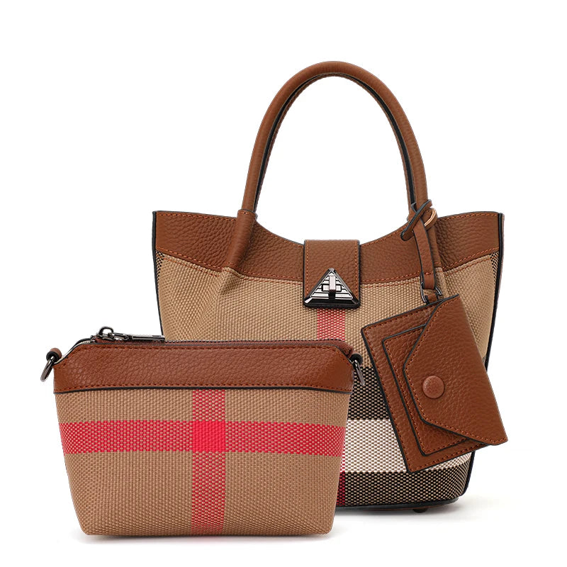 Genuine Leather Canvas Bag Plaid Pattern Women's