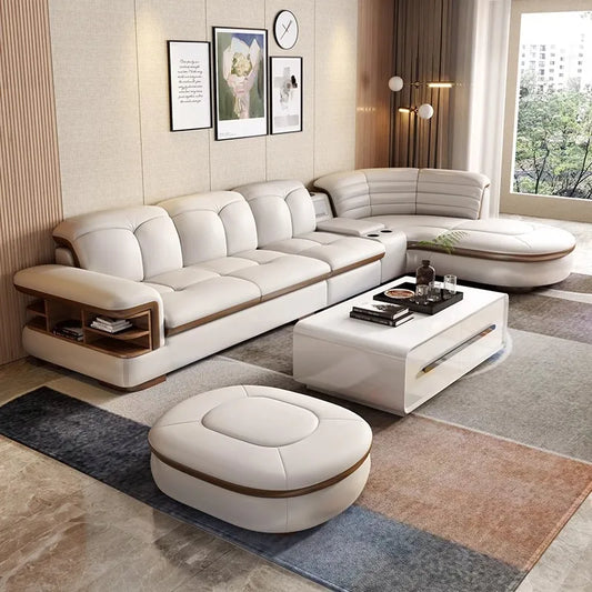 Luxury L-Shaped Genuine Leather Sectional Sofa Set