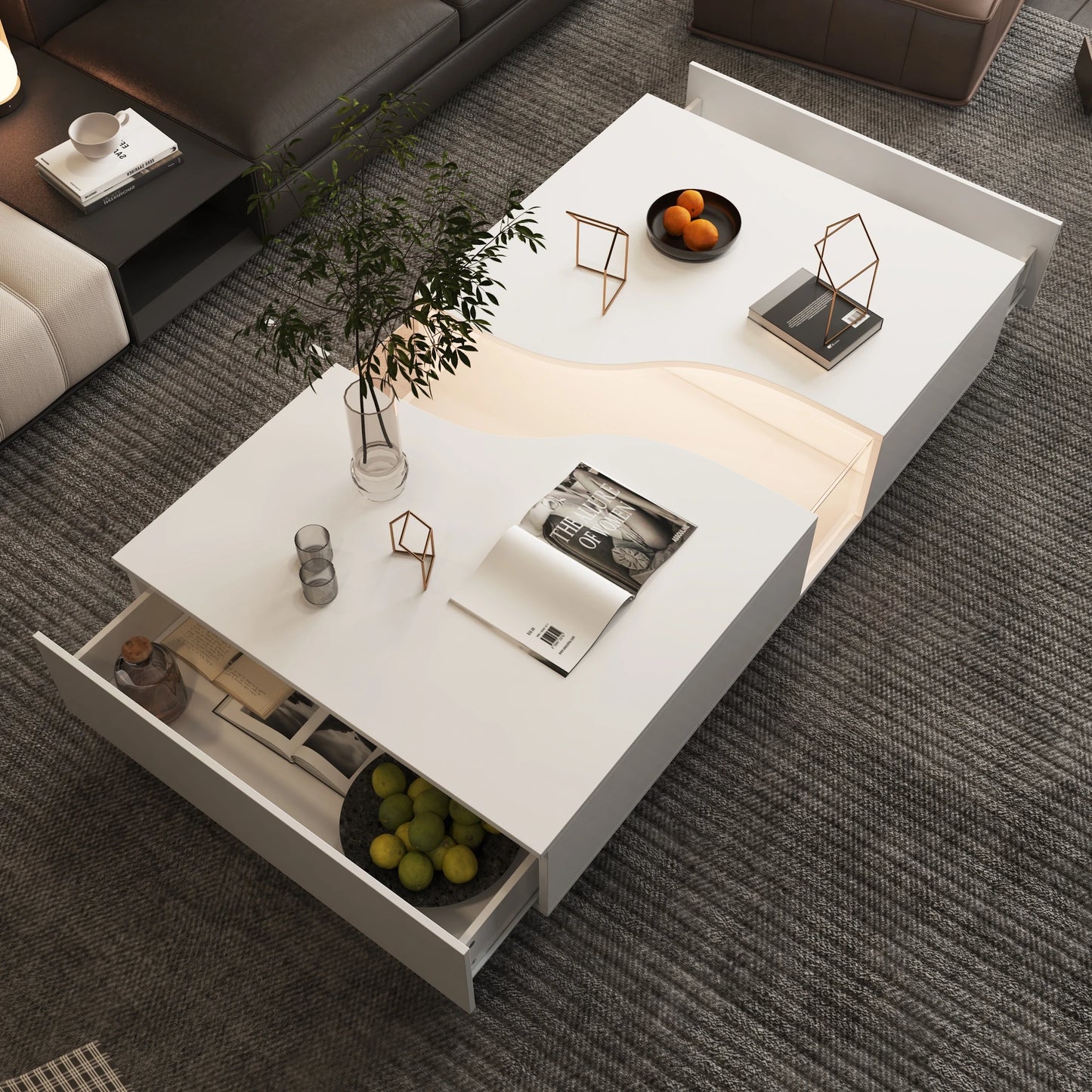 Wide Modern Coffee Table 2 Drawers LED Lights