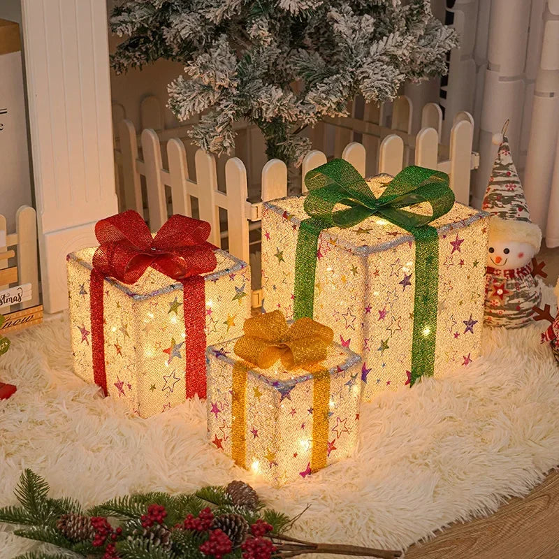 3Pcs Christmas Gift Box Decoration with Glowing Bow