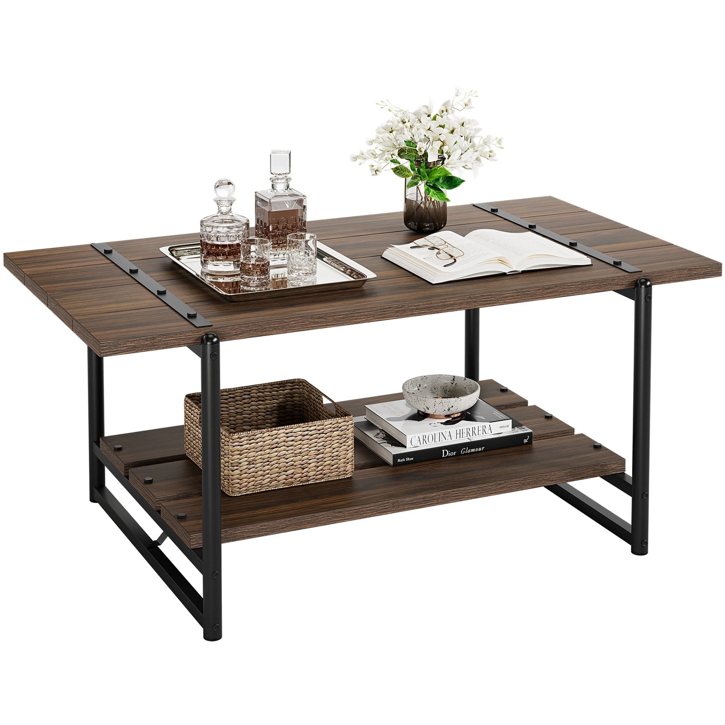 2-Tier Wood Farmhouse Coffee Table with Storage Shelf