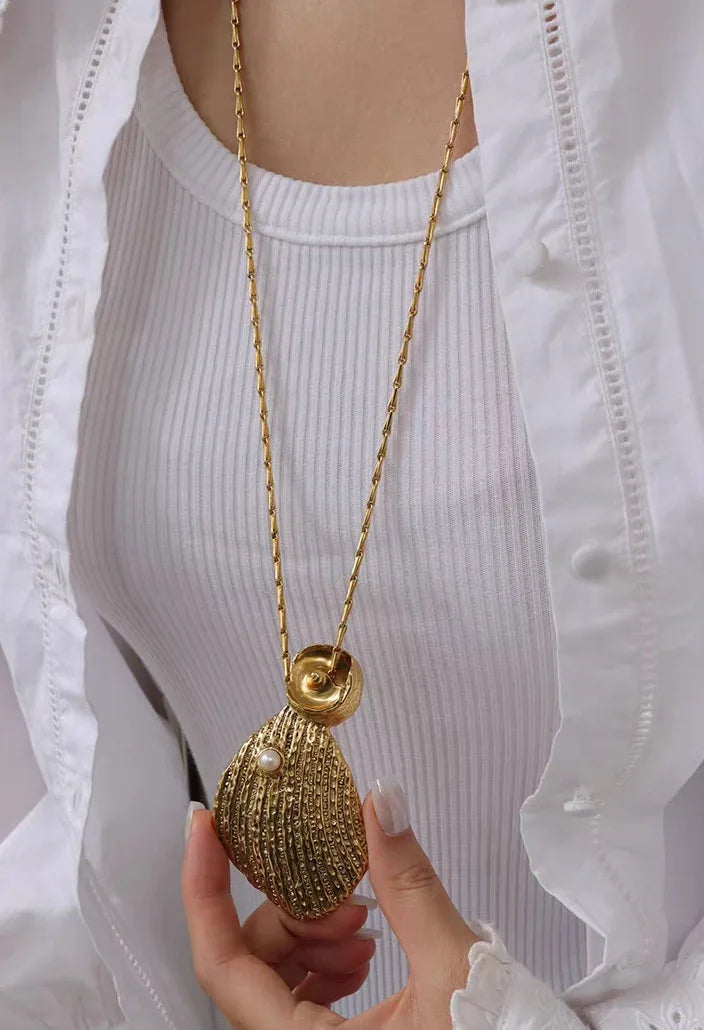 18K Gold Plated Long Shell Pendant Necklace