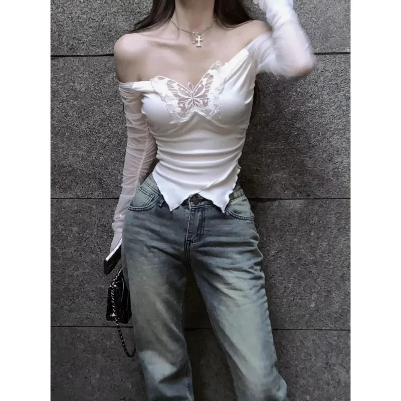 Off Shoulder Women Aesthetic Butterfly Cropped Tops