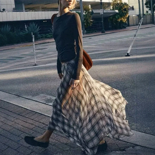 Flowing Check Midi Retro Long Skirt Seaside