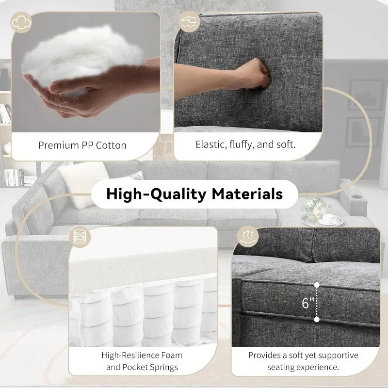 Modern U-Shaped Oversized Chaise Lounge, Cup Holders