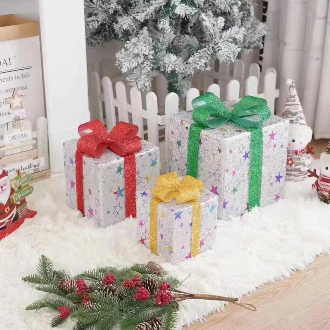 3Pcs Christmas Gift Box Decoration with Glowing Bow