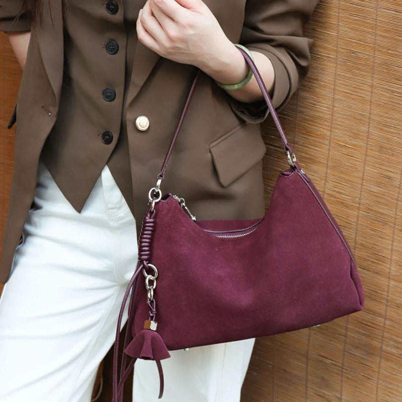 Suede Genuine Leather Crescent Shoulder Bags For Women