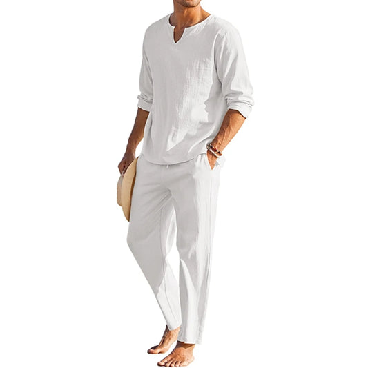 2 Pcs Men Henley Shirt Elastic Waist Drawstring Pants