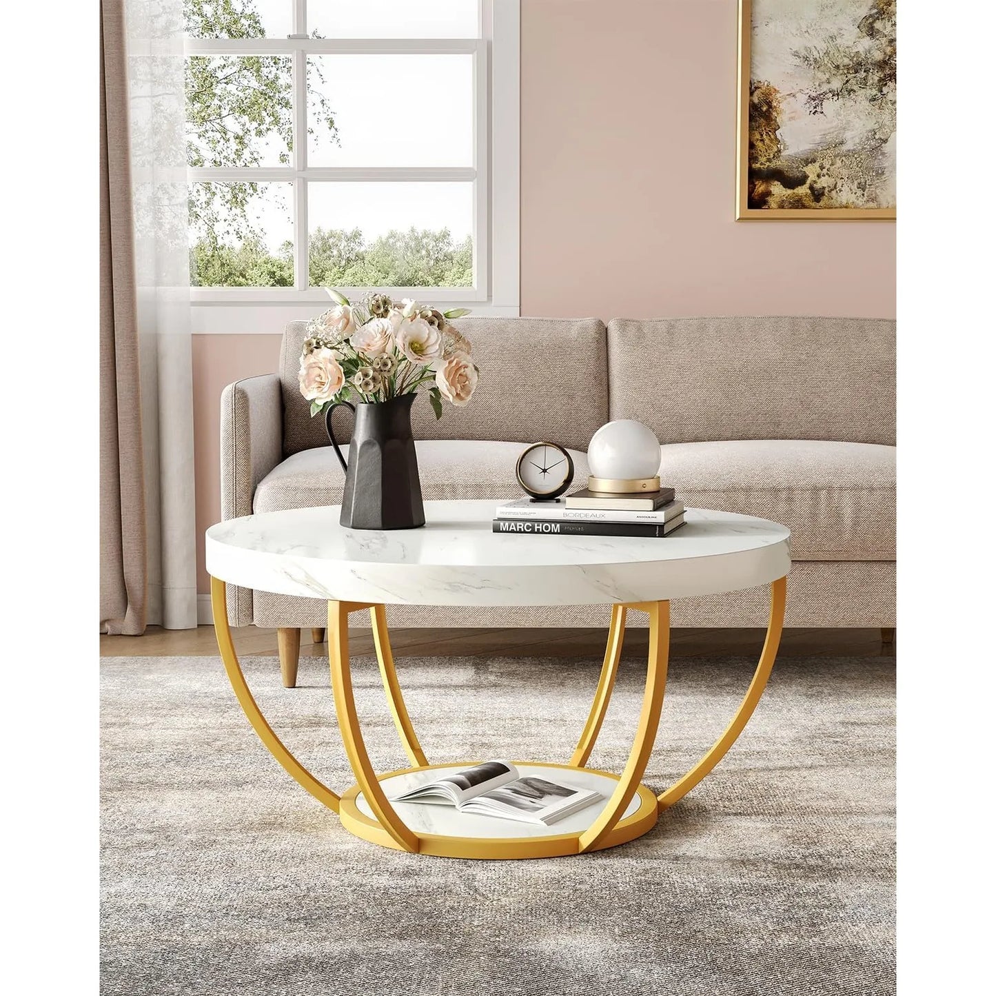 32" Circle Coffee Table for Living Room, 2-Tier