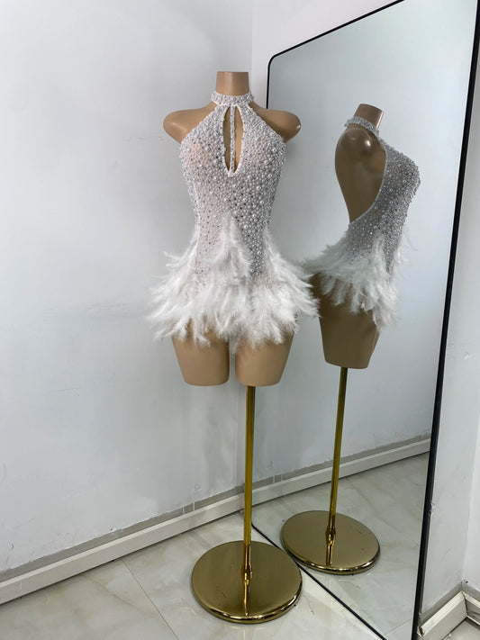 Women Sexy Halter Beading Feather Tight Bodysuit