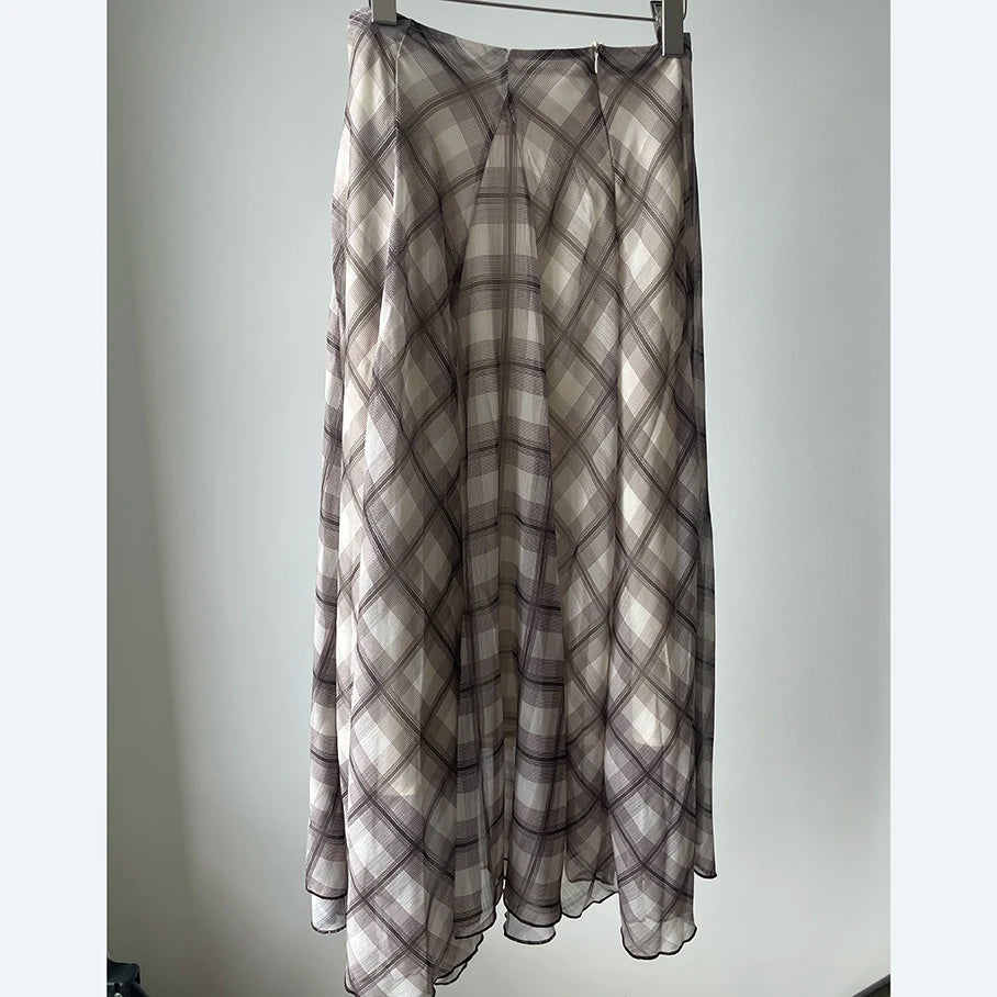 Flowing Check Midi Retro Long Skirt Seaside
