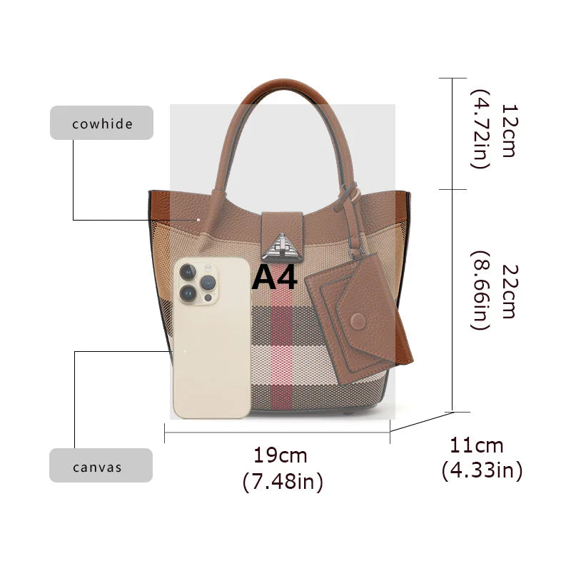 Genuine Leather Canvas Bag Plaid Pattern Women's