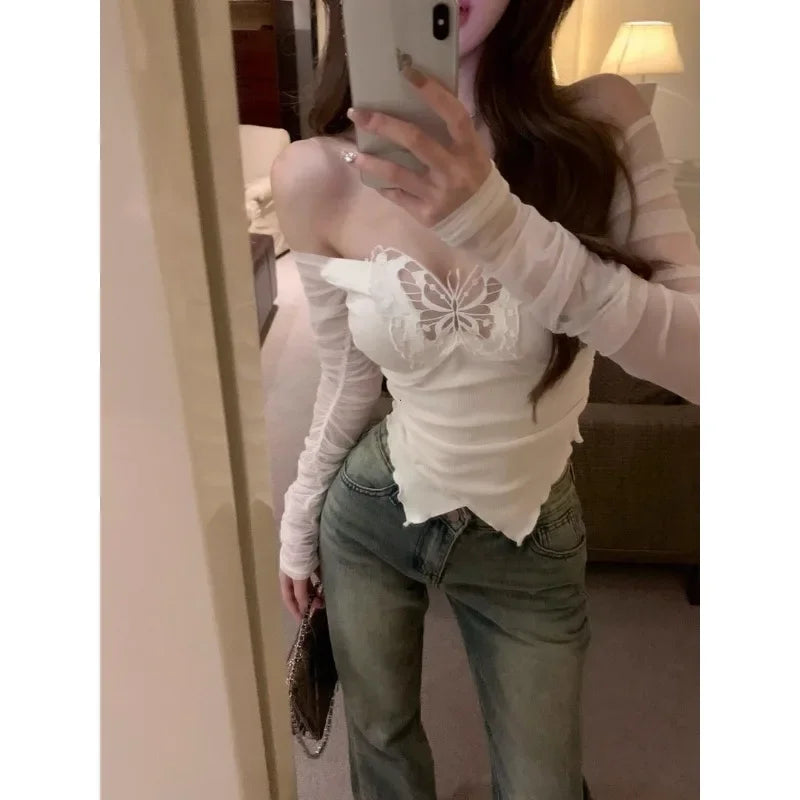 Off Shoulder Women Aesthetic Butterfly Cropped Tops