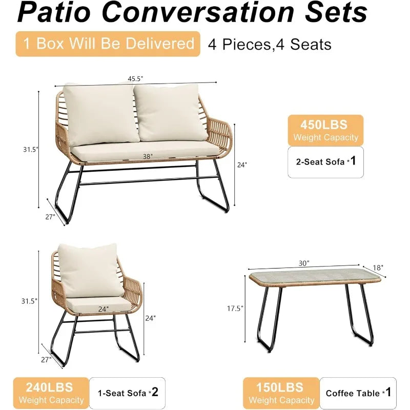 4-Piece Patio Furniture Set with Cushions & Tempered Glass Table
