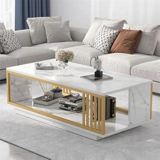 Modern White Marble Veneer Coffee Table, 2 Tier