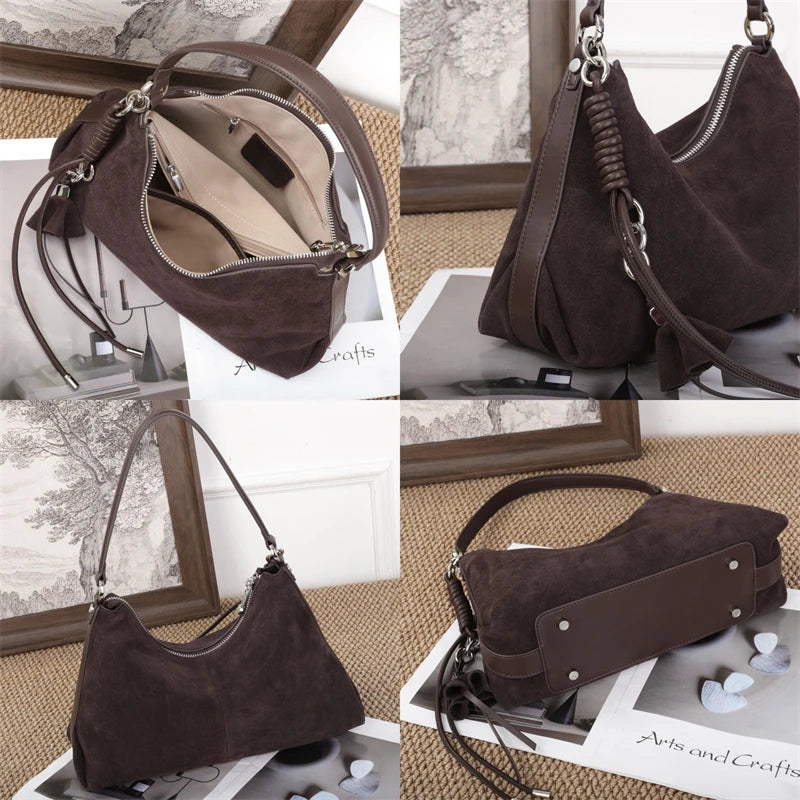 Suede Genuine Leather Crescent Shoulder Bags For Women
