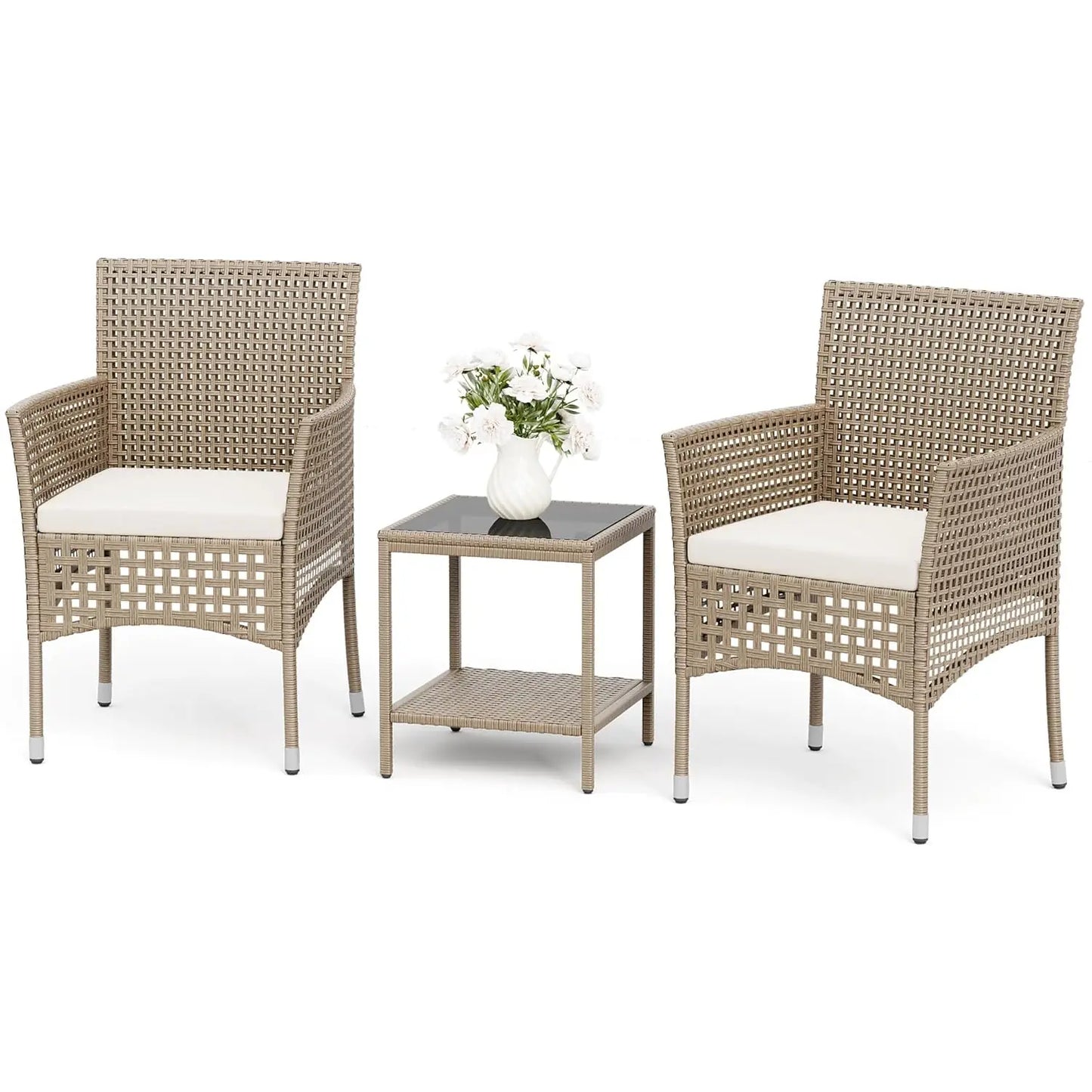 3 Piece Patio Furniture Set Wicker Chairs with Glass-top Table
