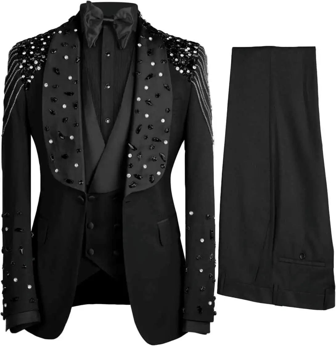 3 Piece Luxury Crystals Beaded Lapel Wedding Tuxedos