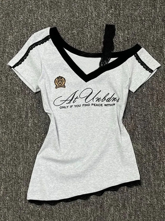 White-Gray Lace Sport Sexy Women V neck