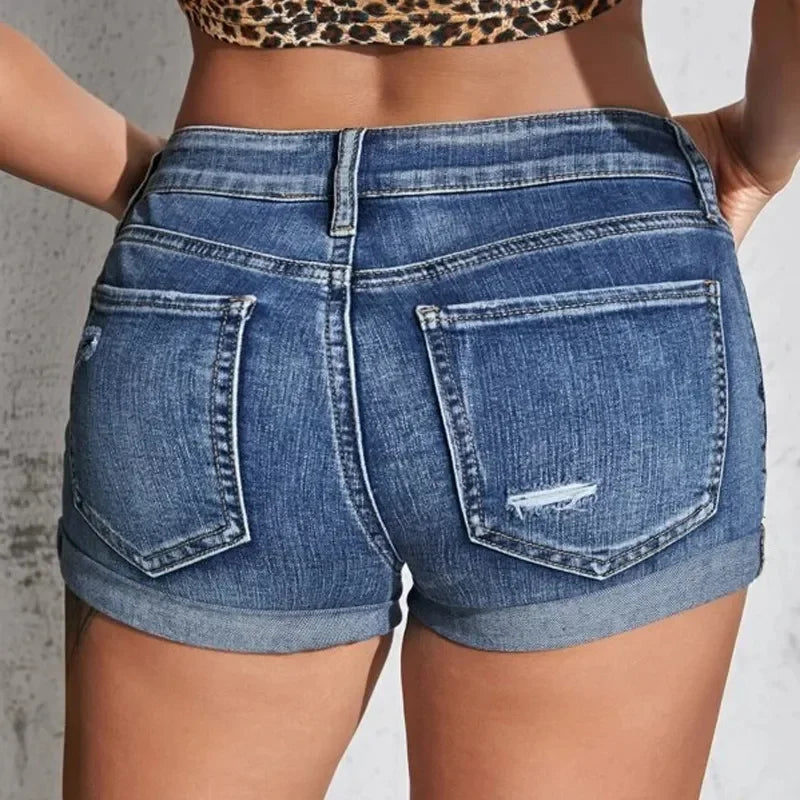 Women's Split Denim Mid Waist Curled Shorts