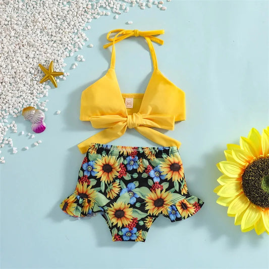 2pcs Bikini Sets Halter Bowknot Tops Floral Ruffle