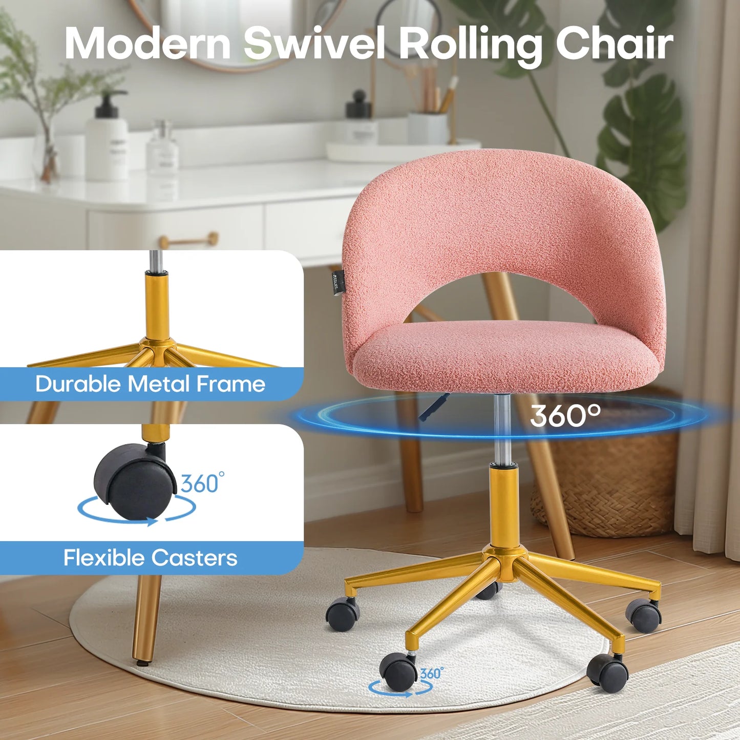 Redlife Velvet Desk Vanity Chair with Gold Wheels