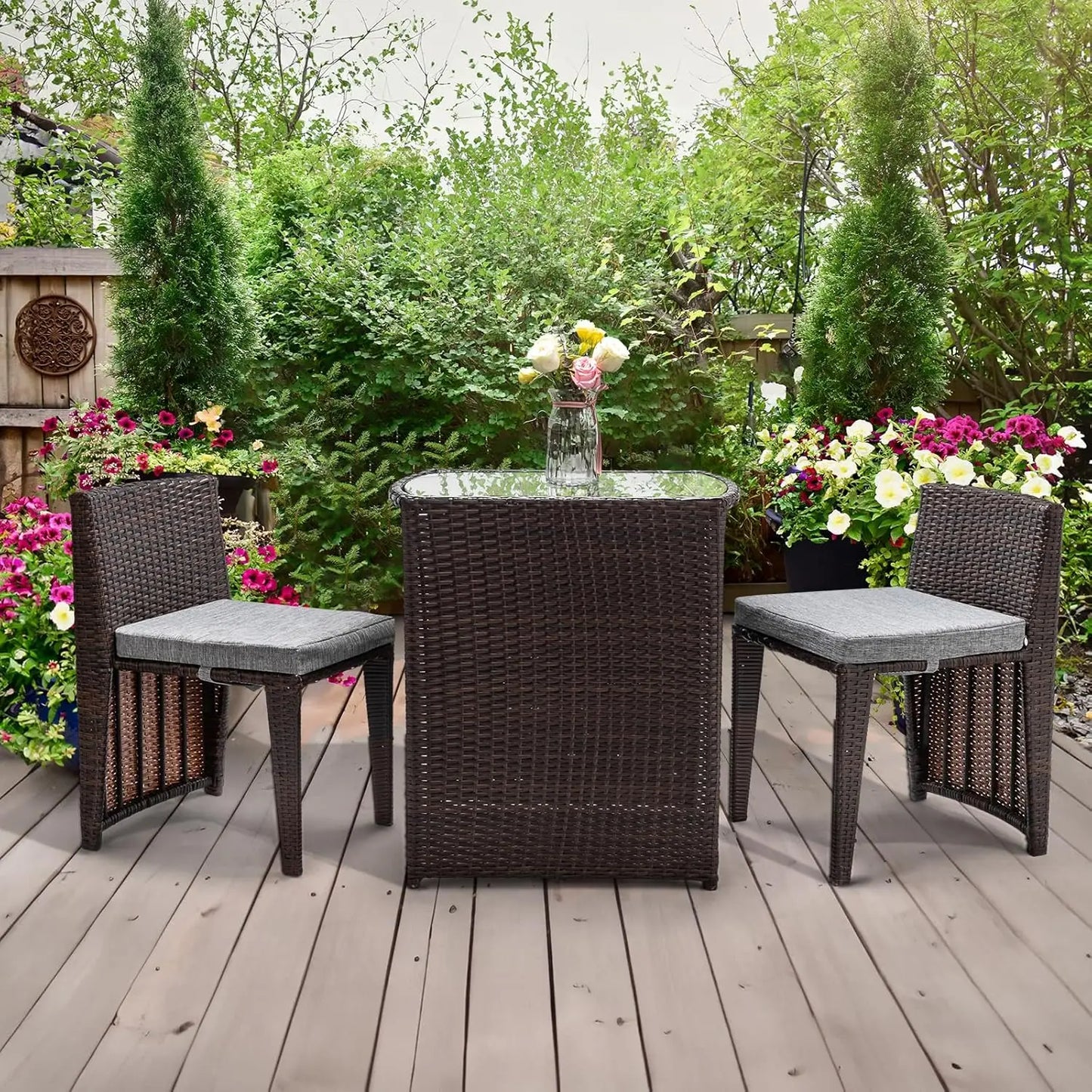3 PCS Wicker Outdoor Patio Bistro Set Glass Top