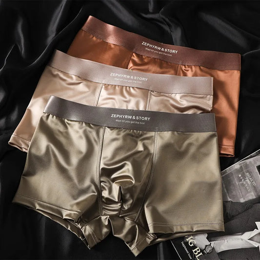 3Pcs Mens Luxury Ice Silk Satin Underwear Breathable Boxer