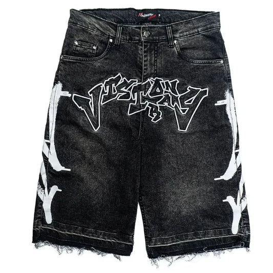 Mens Embroidery Black Jeans  Vintage Baggy Shorts
