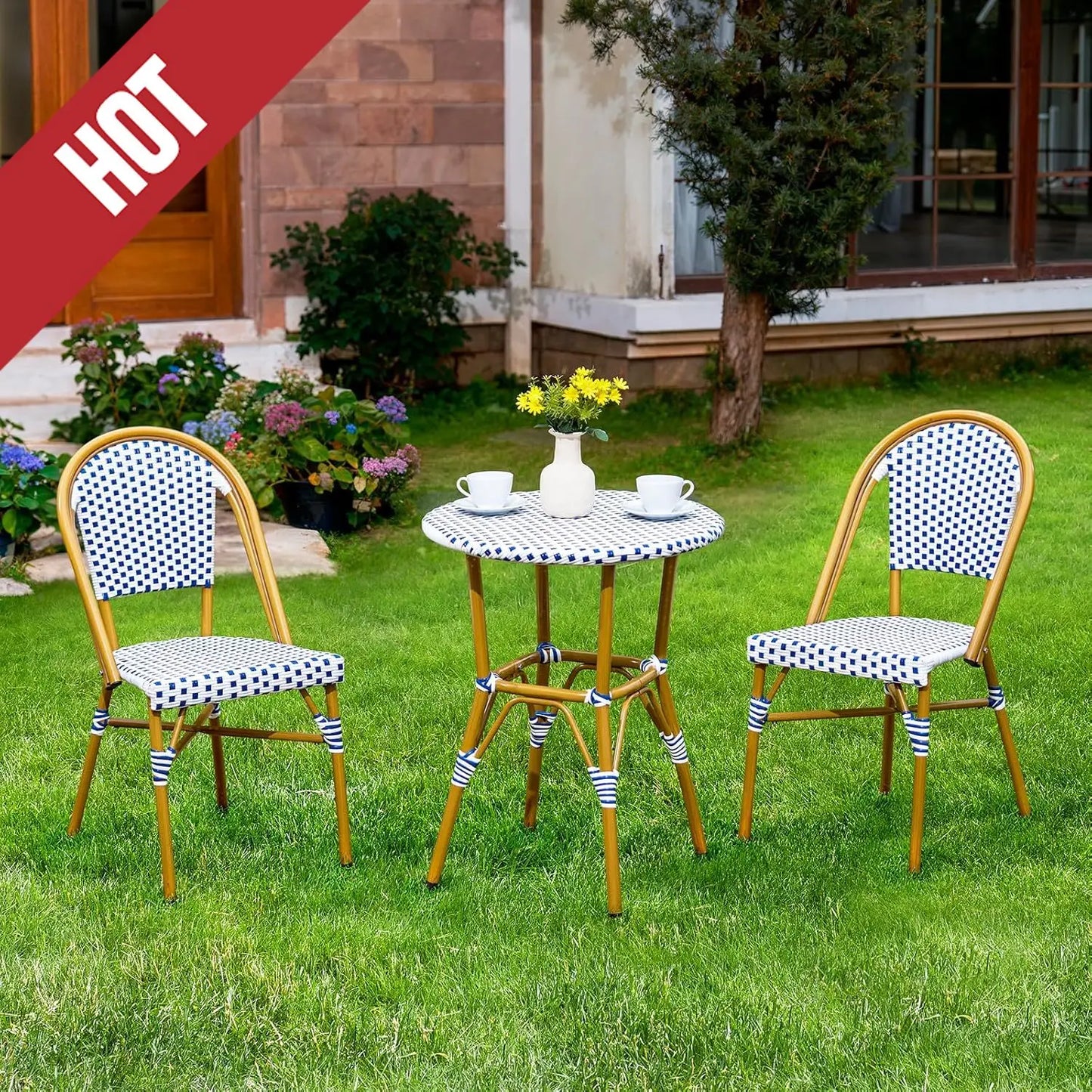 3 Piece Patio Bistro Set, French Wicker Outdoor