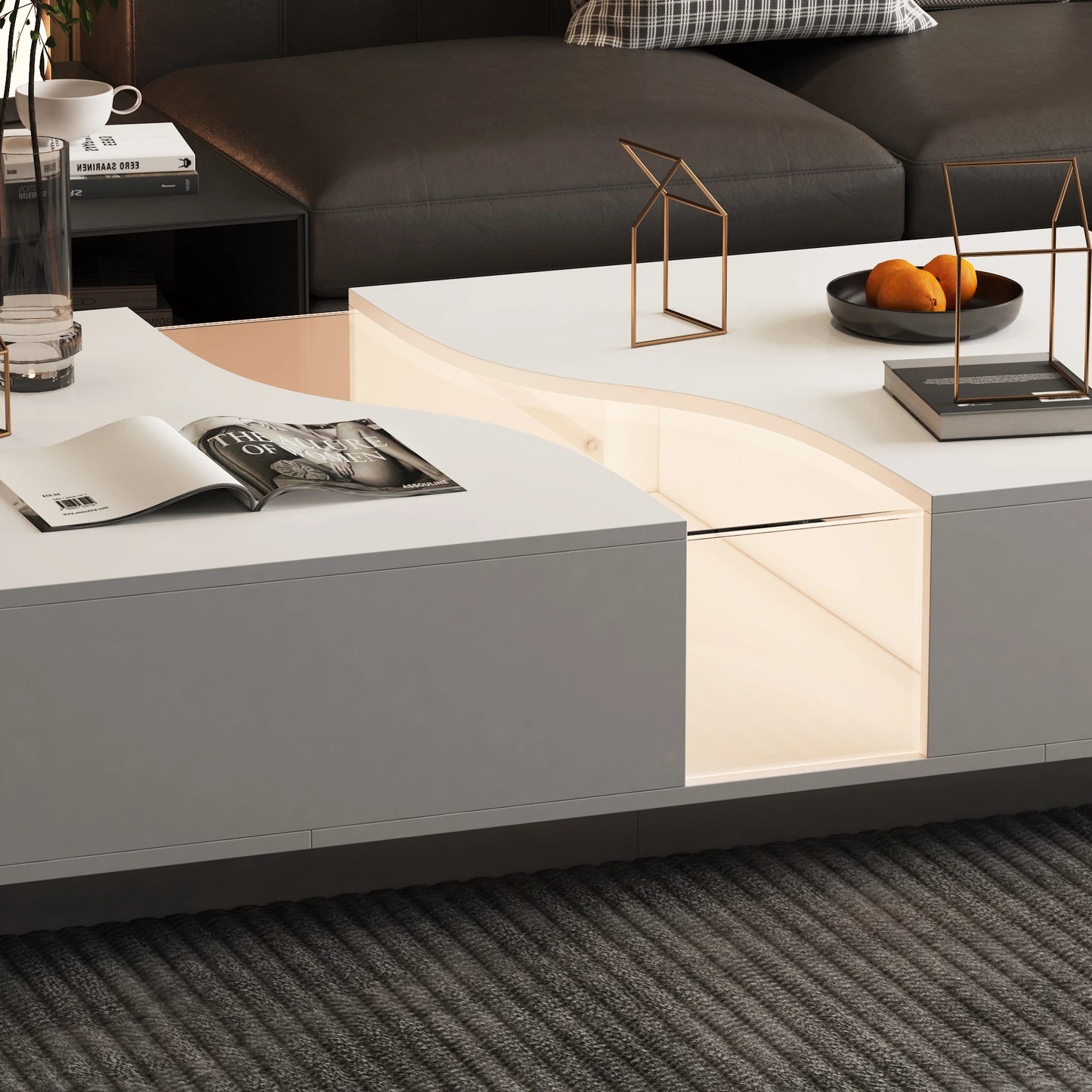 Wide Modern Coffee Table 2 Drawers LED Lights