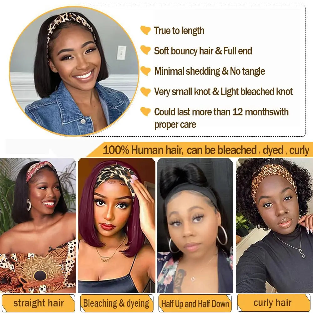 Headband Wigs Human Hair Short Wear Glueless