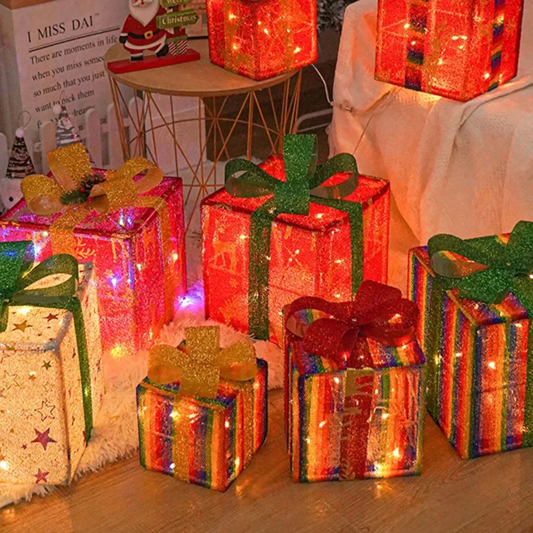 3Pcs Christmas Gift Box Decoration with Glowing Bow