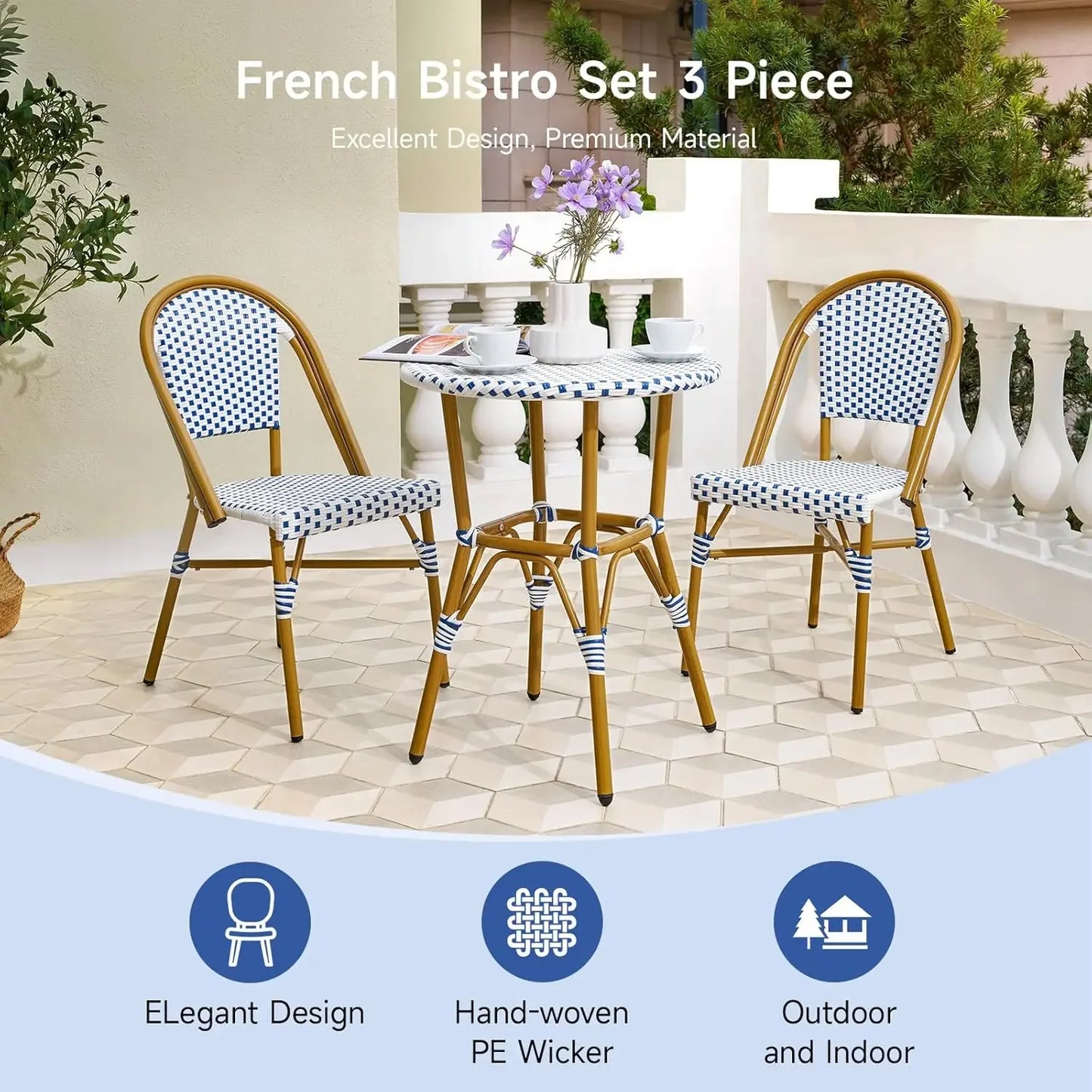 3 Piece Patio Bistro Set, French Wicker Outdoor