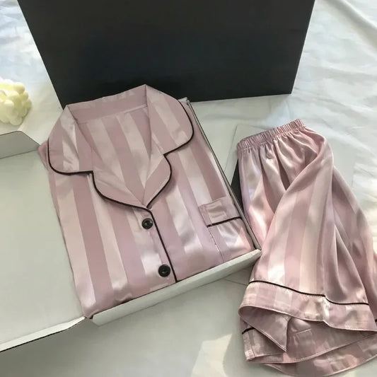 2Pcs/set Ice Silk Women's Pajamas Short Sleeve Short Pants