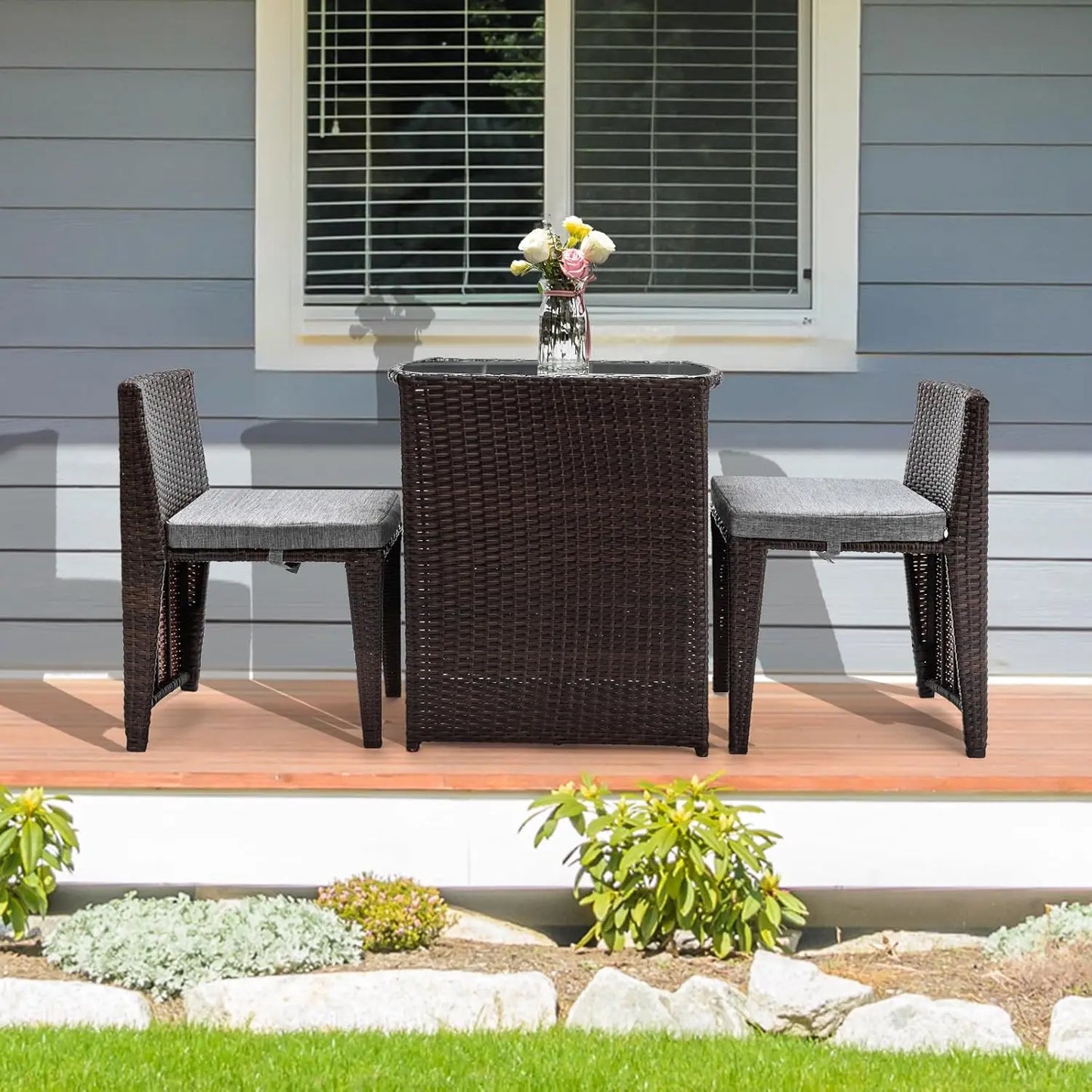 3 PCS Wicker Outdoor Patio Bistro Set Glass Top