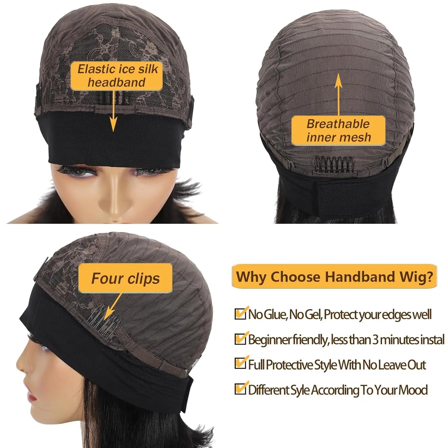 Headband Wigs Human Hair Short Wear Glueless