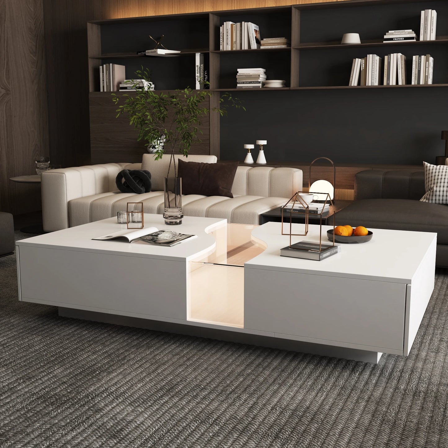Wide Modern Coffee Table 2 Drawers LED Lights
