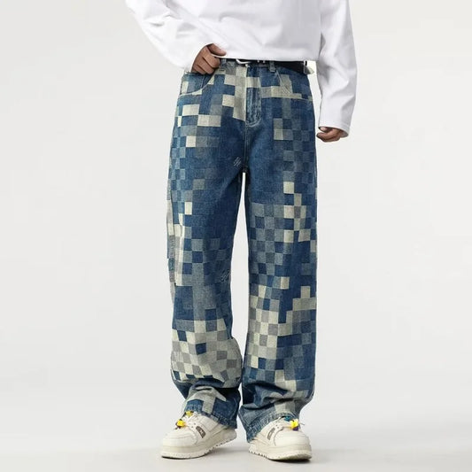 Mosaic Checkerboard Printed Jeans Men Fashion Loose