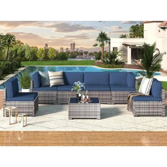 7 Piece Rattan Gray Wicker Outdoor Sectional Furniture Set