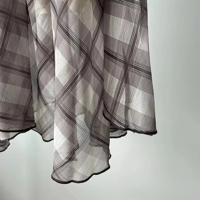 Flowing Check Midi Retro Long Skirt Seaside