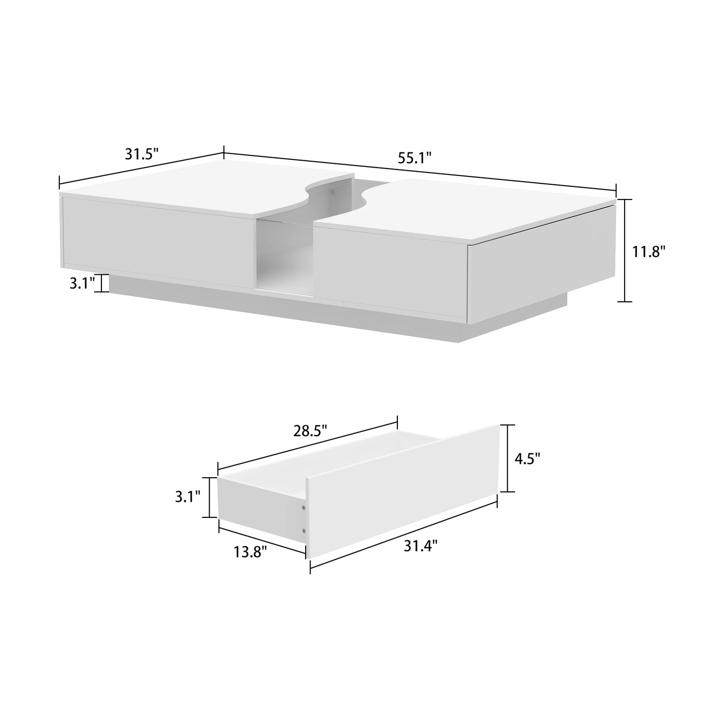 Wide Modern Coffee Table 2 Drawers LED Lights