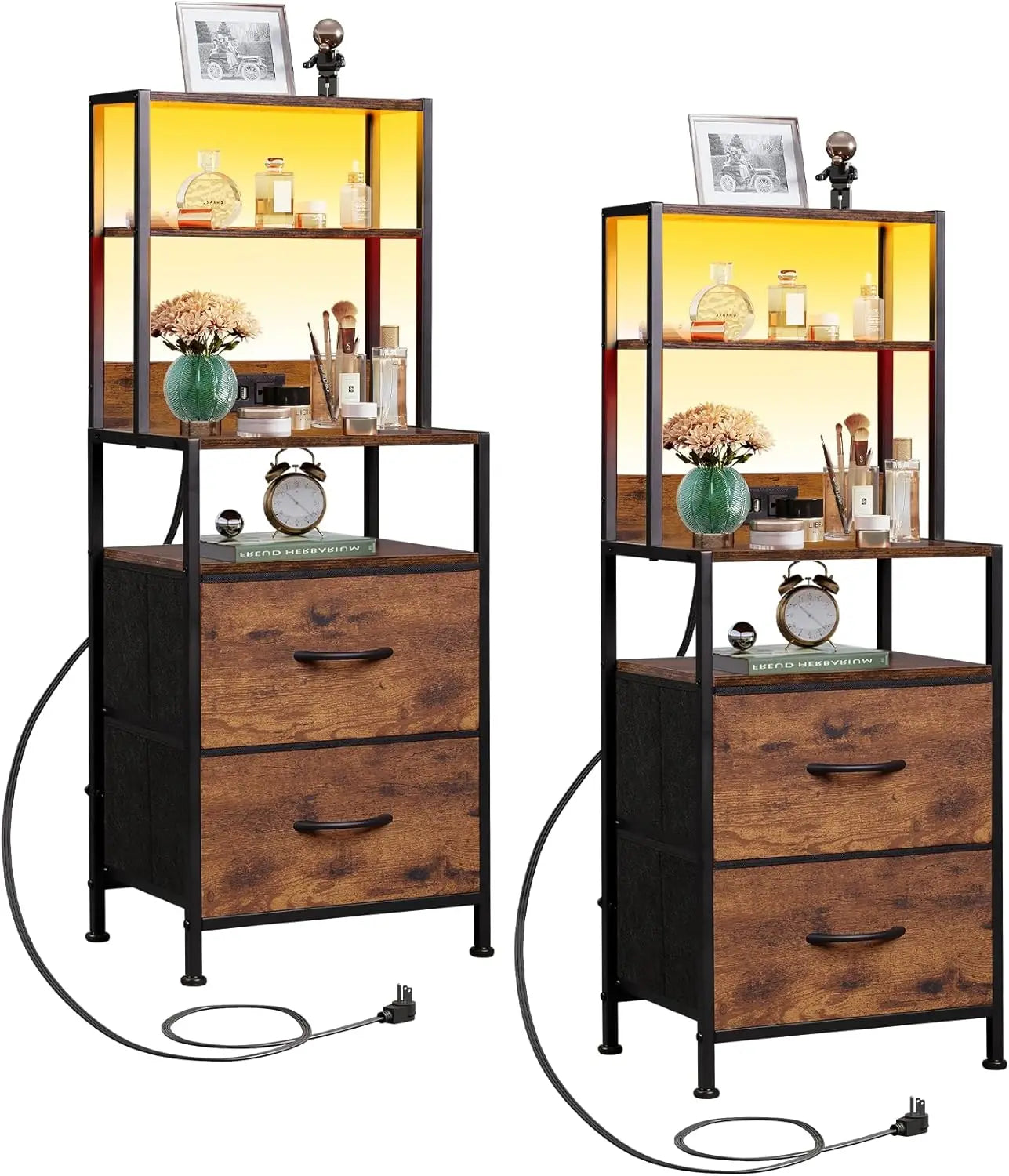 2 Nightstands with Charging Station 2 Drawers