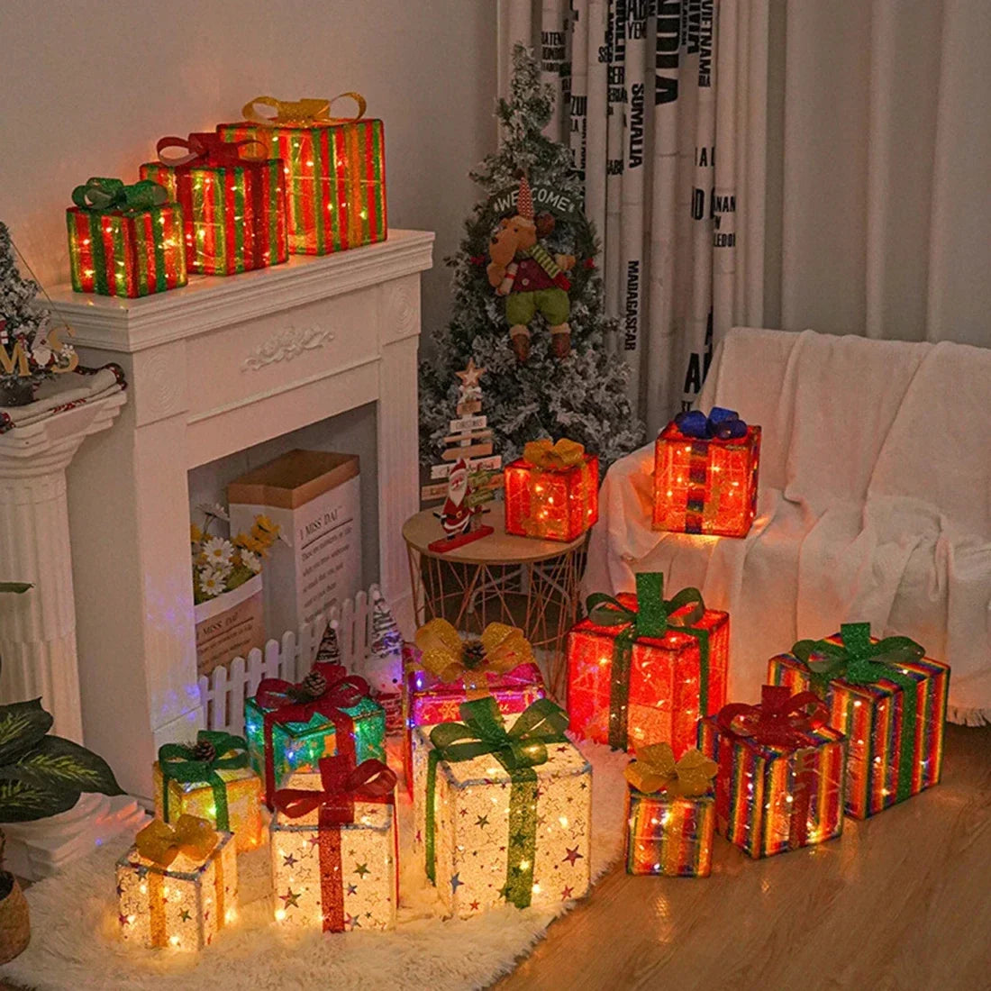 3Pcs Christmas Gift Box Decoration with Glowing Bow