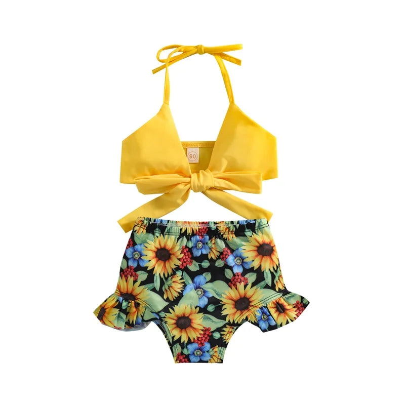 2pcs Bikini Sets Halter Bowknot Tops Floral Ruffle