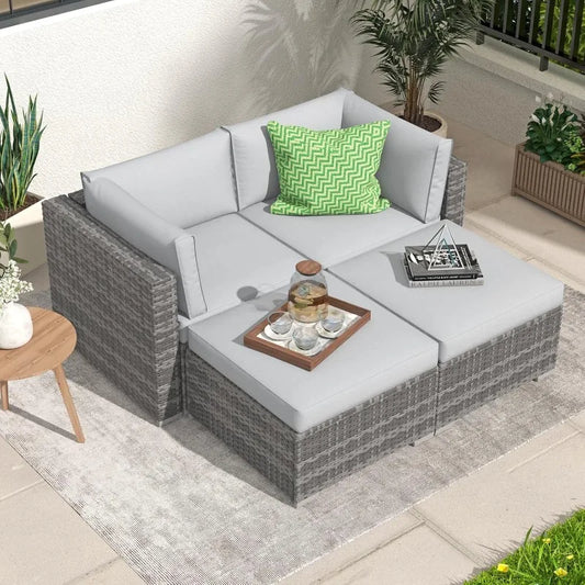 4 Piece Patio Sectional Sofa, All Weather Wicker