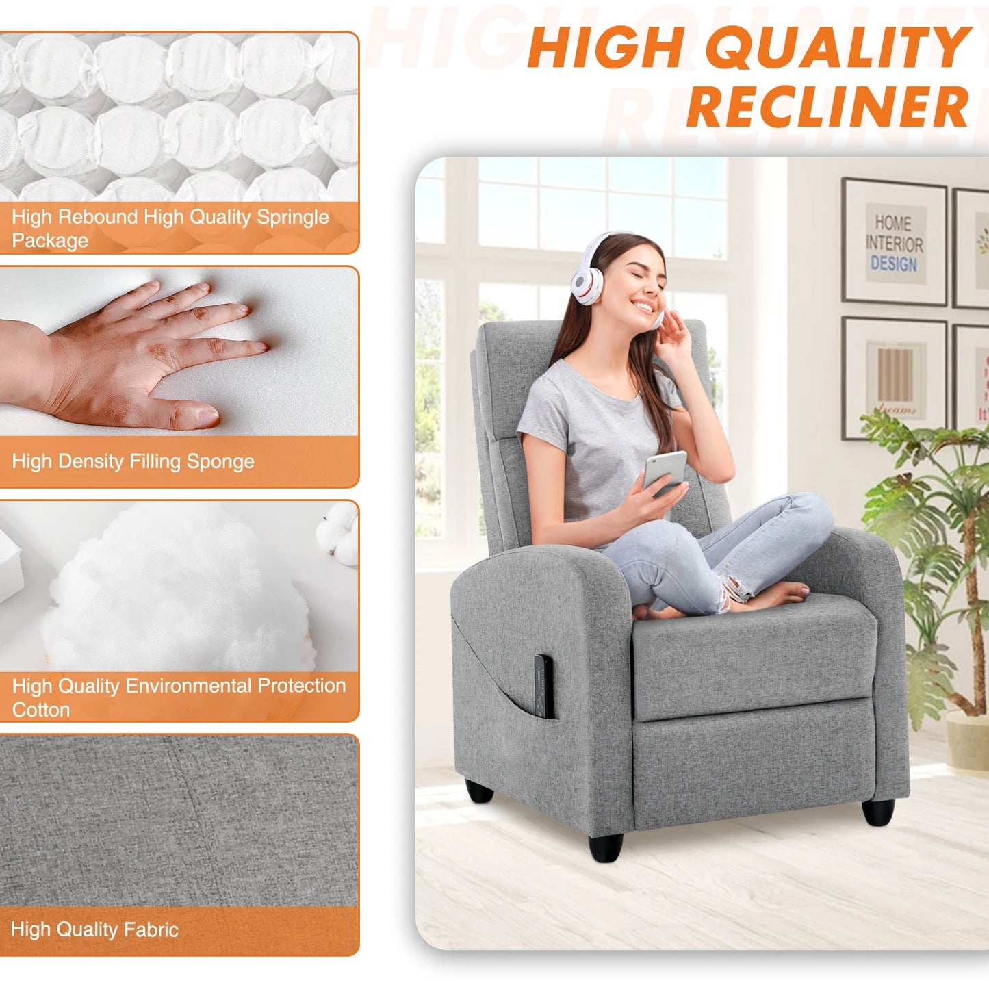 Recliner Chair, Massage, Fabric Adjustable Modern Padded