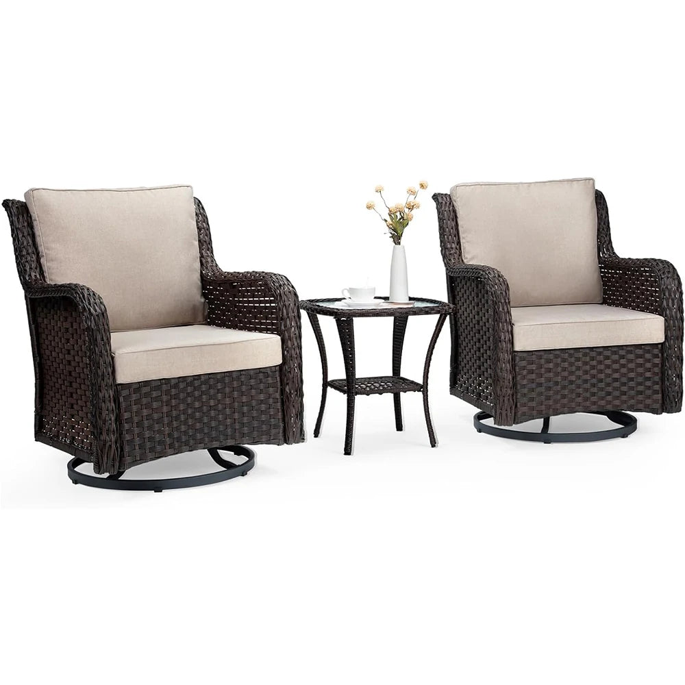 3-Piece Wicker Swivel Rocker Patio Set, Glass Table